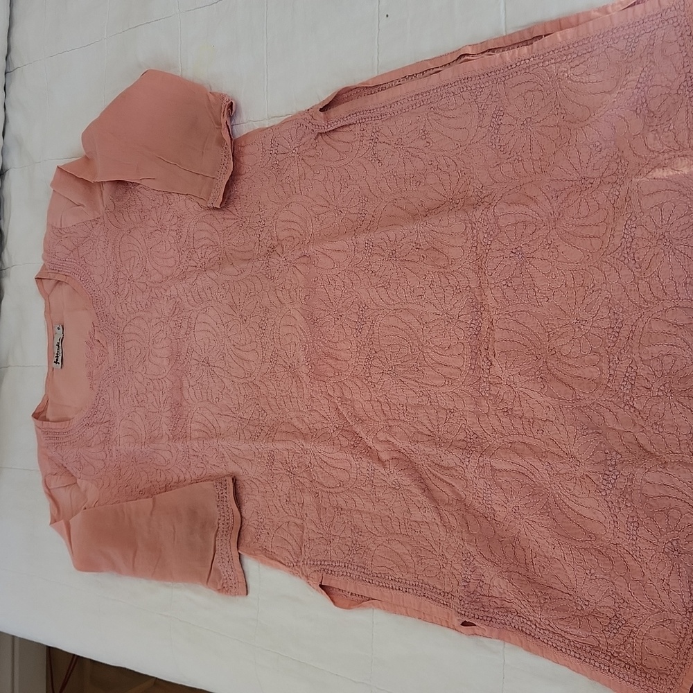 Fabindia Peach/pink Embroidered Cotton Kurta Size Small